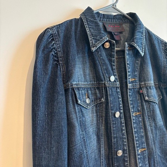 RALPH Ralph Lauren Dark Blue Wash Ruched Shoulder Denim Jean Jacket Medium - Picture 9 of 14